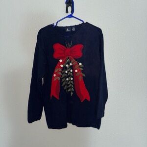 Vintage Lizsport Size L Blue Red Ribbon Christmas Knit Sweater